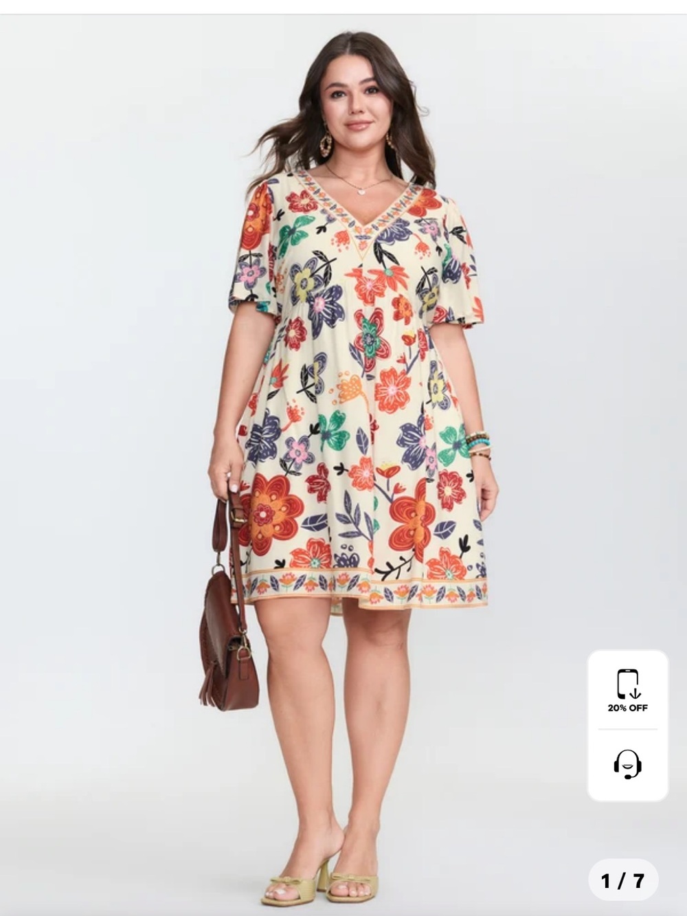 Floral V-Neck Swing Dress in Cream with Multicolor Print